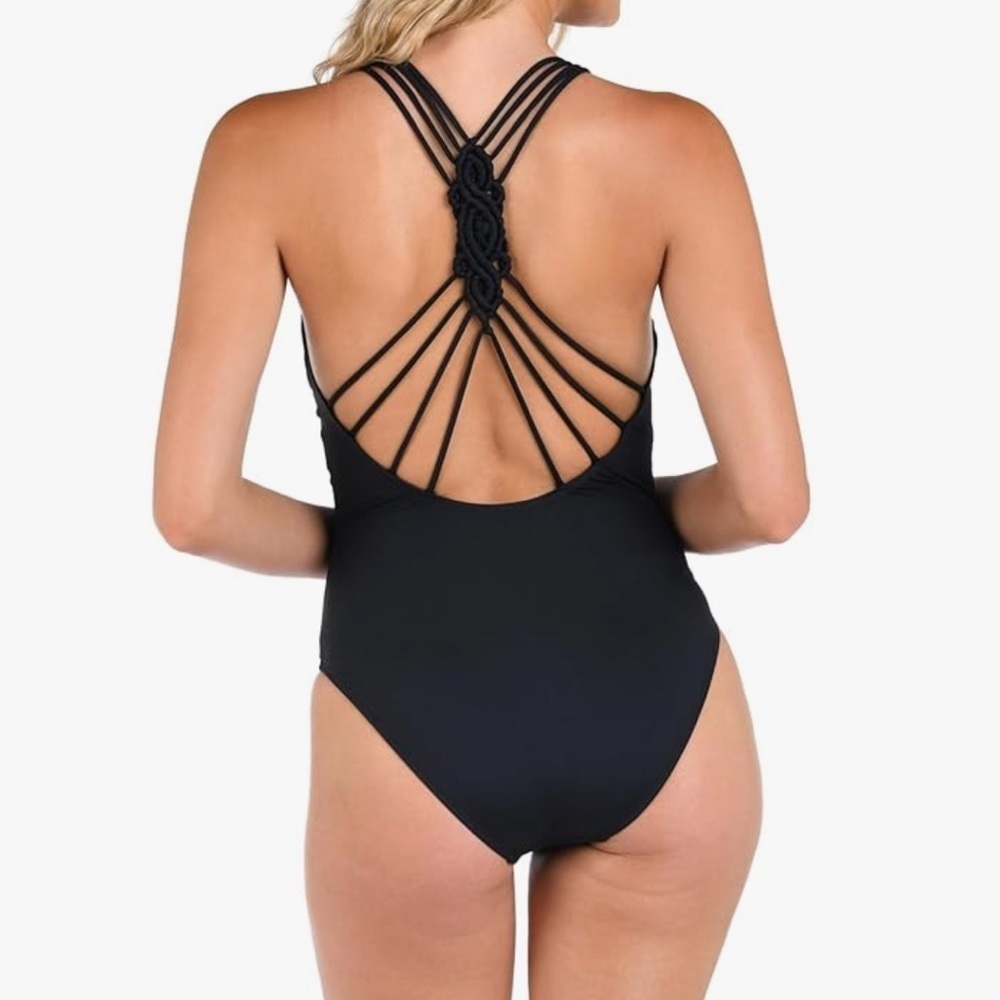 La Blanca Sz 16 Swimsuit Black Macrame Strappy One Piece Classic Minimalist Boho
